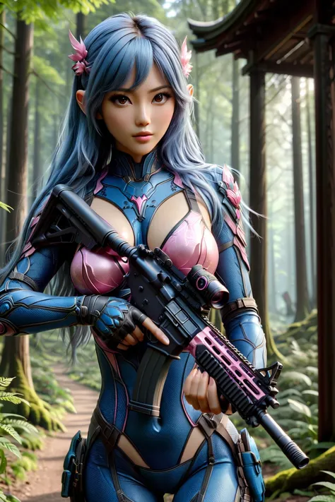 beautiful japanese woman 24 years old, completely blue haired, very long hair, perfect body, slim face, asian eyes, medium breasts, wearing tight pink bodysuit, outside, full body shot, masterpiece, best quality, highres, 4k, ray tracing, intricate details, highly detailed, <lora:XL_Weapon_Assault_Rifle_-_By_HailoKnight:0.8> Assault Rifle