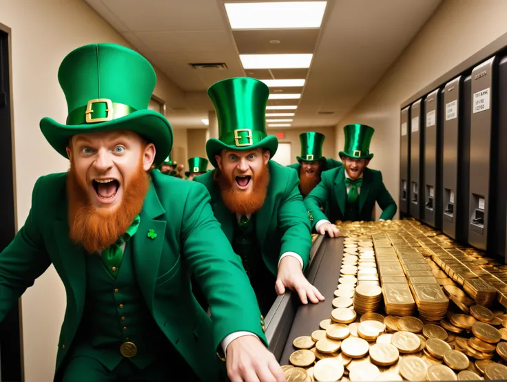 photograph, photo, 200 megapixel digital photo, a horde of Leprechauns raiding a bank in order to get the gold coins, HDR, wide color gamut, 12bit color