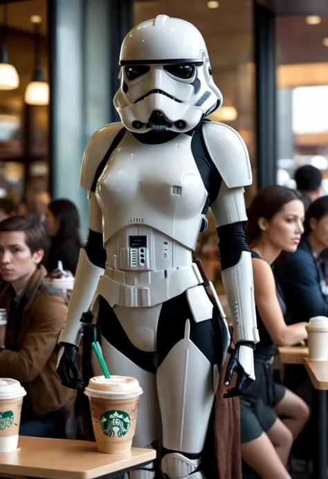 a photo of a stormtrooper woman <lora:sdxl_lora_stormtrooper:1> hourglass figure, in line at starbucks trying to get her coffee, high resolution, beautiful, highest quality, masterpiece, highly detailed