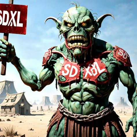 highly detailed 4k, filmic, high quality, deformed abomination of desolation holding a sign that reads ((("SDXL"))),<lora:sdxl_photorealistic_slider_v1:2.81> <lora:act:1> <lora:bl4ckl1ghtxl:0.61> by anathasius kircher