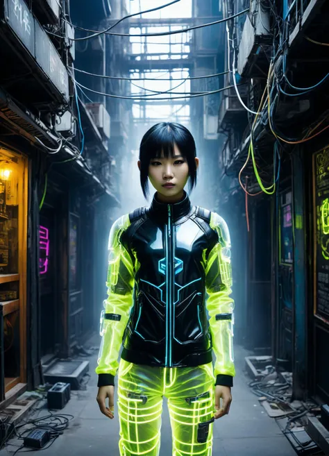 Gothic style vietnamese woman cyberpunk, outdoor, BREAK street kid is wearing a neon tech armor, wires and cables are connected to the netrunner head and body, street kid Corn ghost appearance neon tech armor is transparent fading digital dissolving into streams of neon number, BREAK The background is inside a dark building, long distance shot, fisheye view, from above shot, high- . Dark, mysterious, haunting, dramatic, ornate, detailed