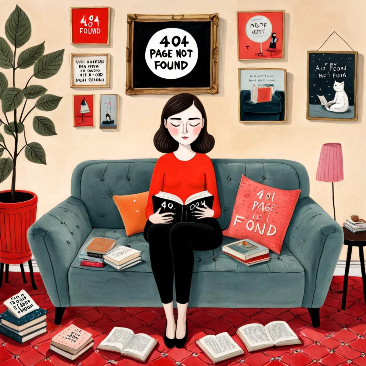 <lora:Gemma Correll Style:.8>Gemma Correll Style - woman on a couch reading a book and there is a painting behind her that says (((404 page not found))),