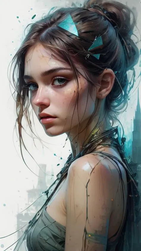 A girl in Lost Land of Ancient Advanced Civilization, A forgotten kingdom of towering spires and mysterious ruins, shrouded in a thick fog of secrets and forgotten knowledge. in the style of Carne Griffiths, Broken Glass effect, no background, stunning, something that even doesn't exist, mythical being, energy, molecular, textures, iridescent and luminescent scales, breathtaking beauty, pure perfection, divine presence, unforgettable, impressive, breathtaking beauty, Volumetric light, auras, rays, vivid colors reflects