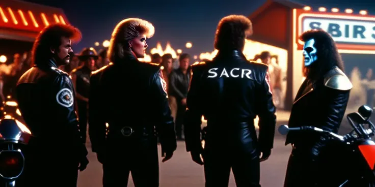 Satanic bikers gathered in front of a bar,<lora:1985:1>,1985 film still,scifi fantasy,