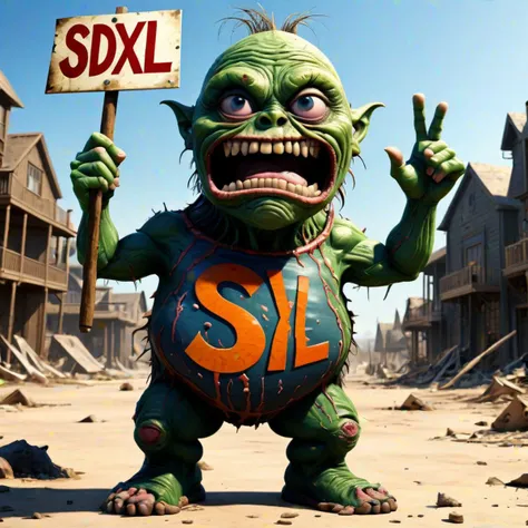 highly detailed 4k, filmic, high quality, down syndrome deformed abomination of desolation holding a sign that reads ((("SDXL"))),<lora:bl4ckl1ghtxl:0.31>