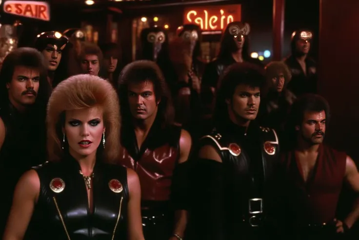 Satanic bikers gathered in front of a bar,<lora:1985:1>,1985 film still,scifi fantasy,