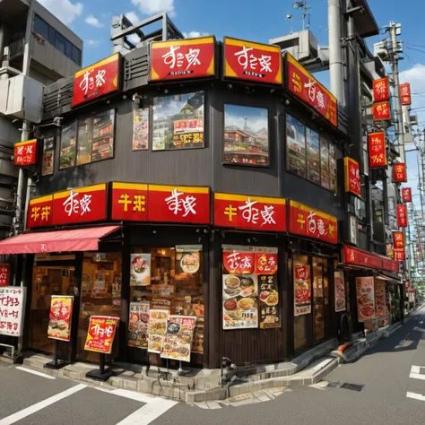 masterpiece, best quality, ultra-detailed, illustration, sukiya, scenery, road, street, outdoors, real world location, city, sky, building, shop, realistic, photo background, photo (medium) <lora:sukiya_SDXL_V1:1>