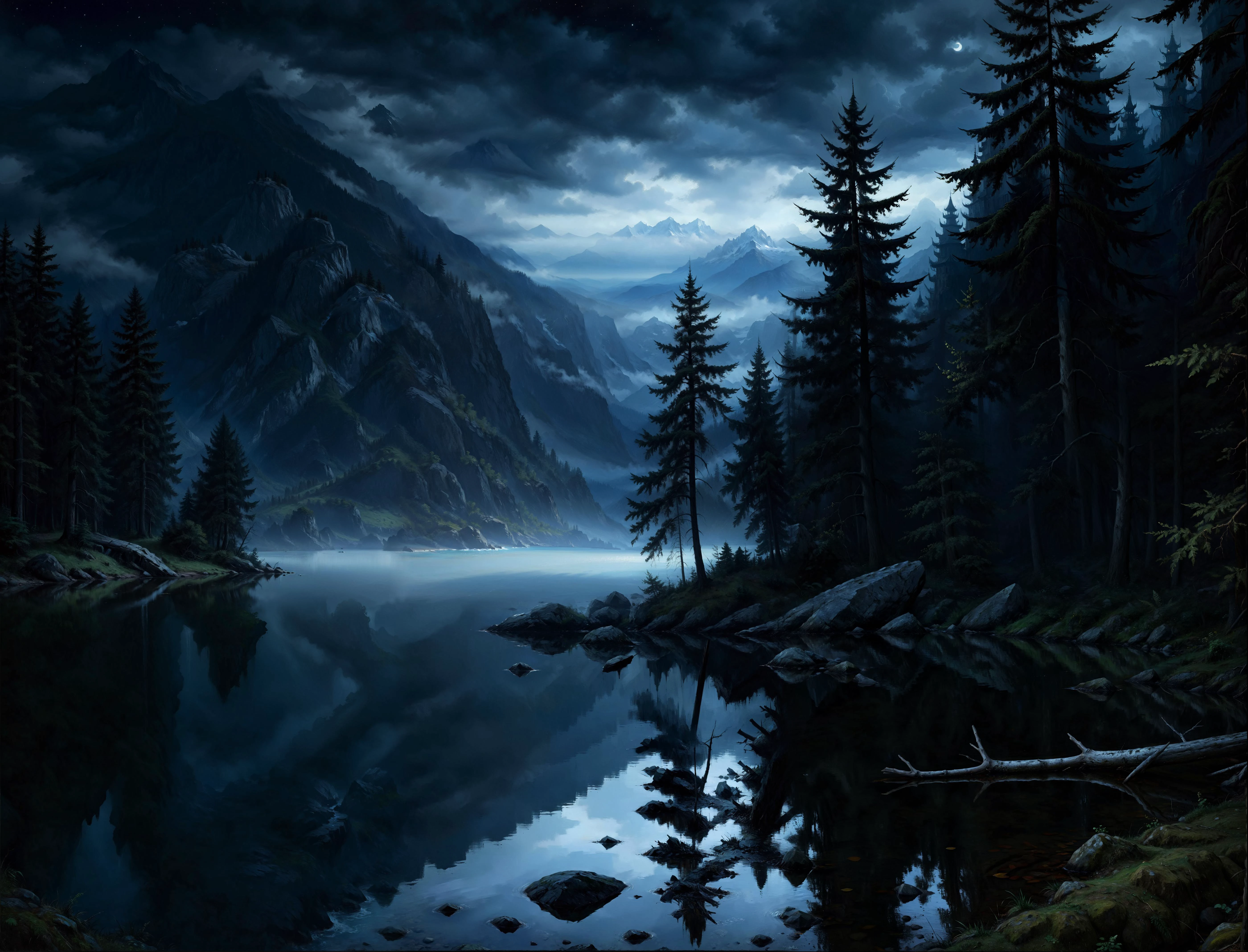 a highly detailed painting of lake in the misty midnight forest, deep night, low light, ((dark starry sky)), sharp focus, cinematic, volumetric lighting, HDR, wide color gamut, 12bit color, <lora:add-detail-xl:0.8> <lora:ClassipeintXL2.1:1>