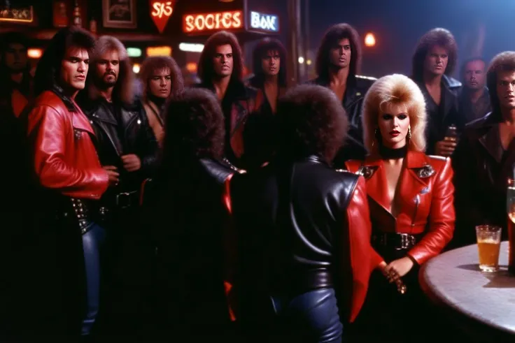 Satanic bikers gathered in front of a bar,<lora:1985:1>,1985 film still,scifi fantasy,