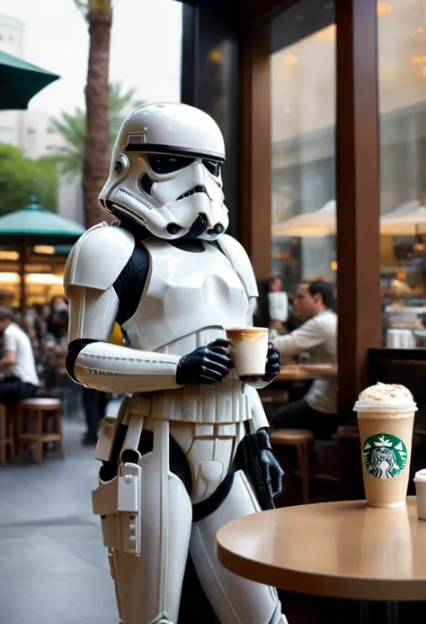 a photo of a stormtrooper woman <lora:sdxl_lora_stormtrooper:1> hourglass figure, in line at starbucks trying to get her coffee, high resolution, beautiful, highest quality, masterpiece, highly detailed