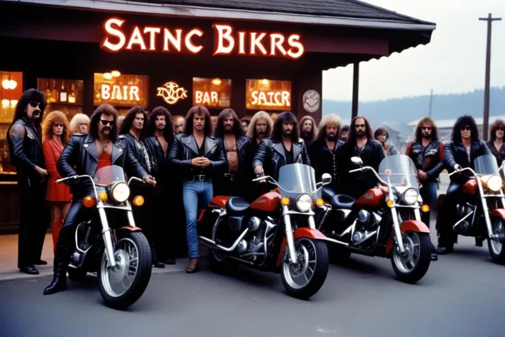 Satanic bikers gathered in front of a bar,<lora:1985:1>,1985,