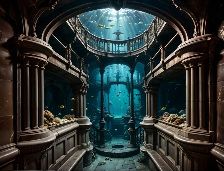 photograph, photo, 200 megapixel digital photo, deep underwater victorian style steel underwater city landscape, waterworld, coustics, fish and sea life around, sharp focus, cinematic, volumetric lighting, HDR, wide color gamut, 12bit color <lora:add-detail-xl:0.8>