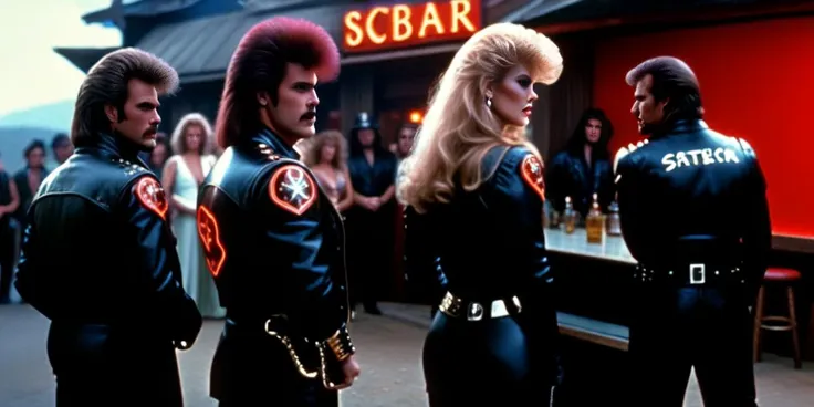 Satanic bikers gathered in front of a bar,<lora:1985:1>,1985 film still,scifi fantasy,