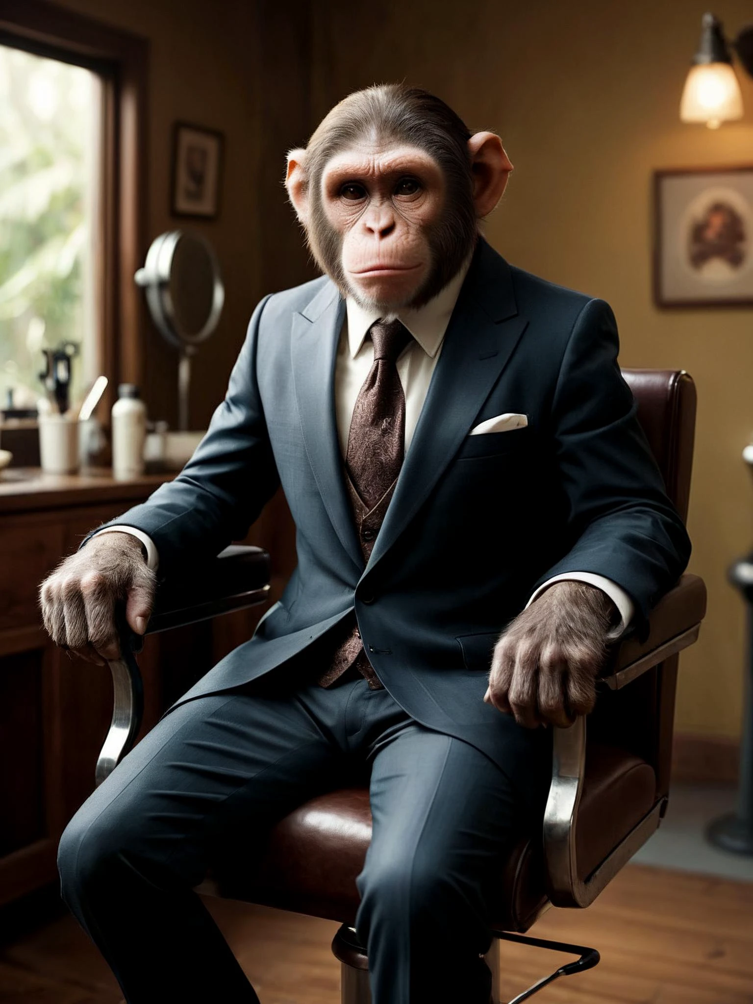 k8, UHD, cinematic film still,
In an unexpected twist of whimsy, a cheeky monkey dons a meticulously tailored business suit, perched comfortably in a barber's chair, eager for a shave. With a comically serious expression, the primate exudes an air of professionalism that defies its playful nature. The neatly pressed suit contrasts with the mischievous glint in its eyes as it awaits the impending grooming ritual. The barber, undeterred by the unusual client, stands ready with tools in hand, poised to transform this suited simian into a dapper, well-groomed creature amidst the surreal intersection of the wild and the refined. Sharp focus,
<lora:RMSDXL_Enhance:1>,
<lora:add-detail-xl:0.8>,
<lora:RMSDXL_Darkness_Cinema:1>,