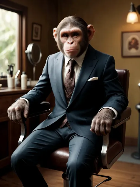 k8, UHD, cinematic film still,

In an unexpected twist of whimsy, a cheeky monkey dons a meticulously tailored business suit, perched comfortably in a barber's chair, eager for a shave. With a comically serious expression, the primate exudes an air of professionalism that defies its playful nature. The neatly pressed suit contrasts with the mischievous glint in its eyes as it awaits the impending grooming ritual. The barber, undeterred by the unusual client, stands ready with tools in hand, poised to transform this suited simian into a dapper, well-groomed creature amidst the surreal intersection of the wild and the refined. Sharp focus,

<lora:RMSDXL_Enhance:1>,
<lora:add-detail-xl:0.8>,
<lora:RMSDXL_Darkness_Cinema:1>,