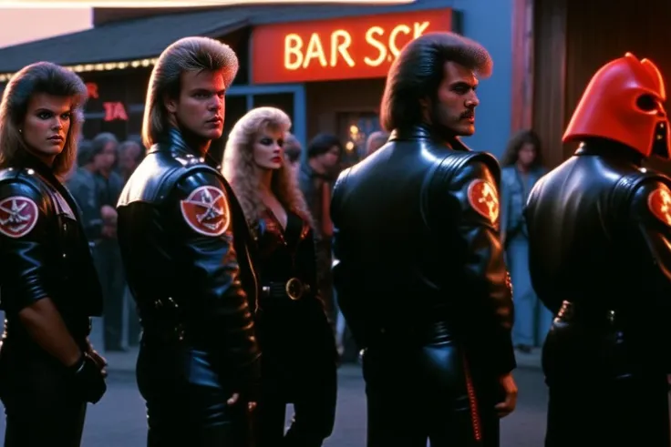 Satanic bikers gathered in front of a bar,<lora:1985:1>,1985 film still,scifi fantasy,