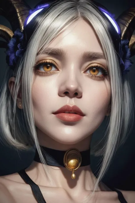 lora:SDXL_neg4all xl v9.1:1>, (style of sui ishida), portrait of a beautiful woman with narrow features and (oval goat eyes), (close up shot), (goat iris), (golden eye), (choker with rectangular bell), silver hair, (masterpiece, best quality, rim lighting, animated lighting), (moody)
