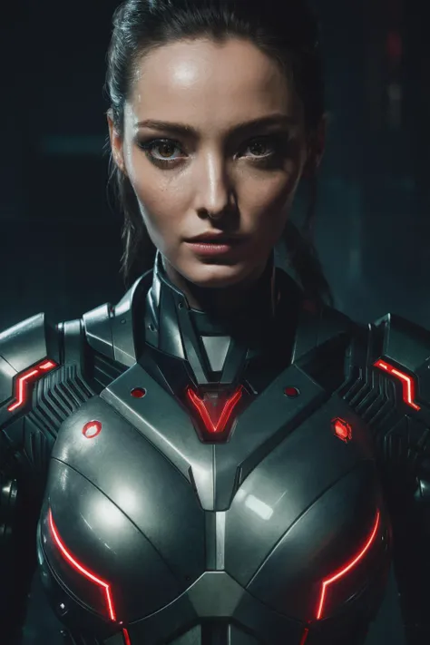 rrs, ((best quality)), ((masterpiece)), (detailed), Midjourney Style, close-up, woman, robot, red eyes, concept art, inspired by Marek Okon, digital art, Crysis Nanosuit, futuristic, (glowing elements:1.1), 4:3 aspect ratio, dynamic duo,<lyco:RebeccaRomijn-RealVision-V1.0:1.0>