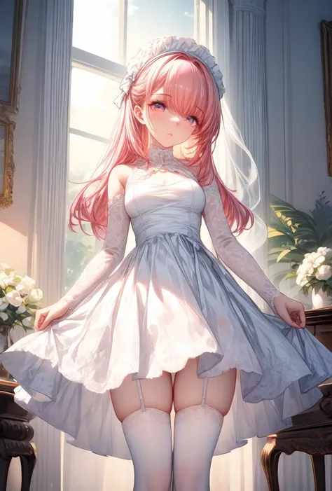 (masterpiece, best quality), 1girl, blue and white frill dress, (white stockings), pink hair, cute face, standing, indoor, intricate detail, sunlight, <lora:add_detail:1>