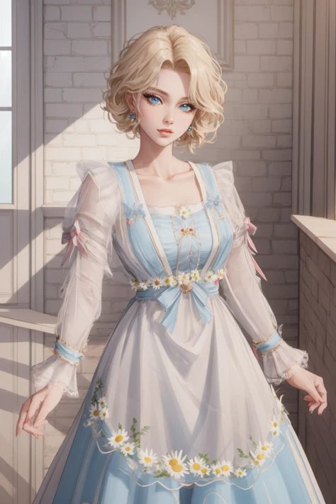 woman, (adult), solo, blonde hair, blue eyes, dress, bouffont dress, transparent long sleeves, daisies, cherry, 
sexy pose, sexy face, (high quality), (best quality), (detailed), perfect lighting, detailed face, detailed body,  <lora:Dress08:0.7>