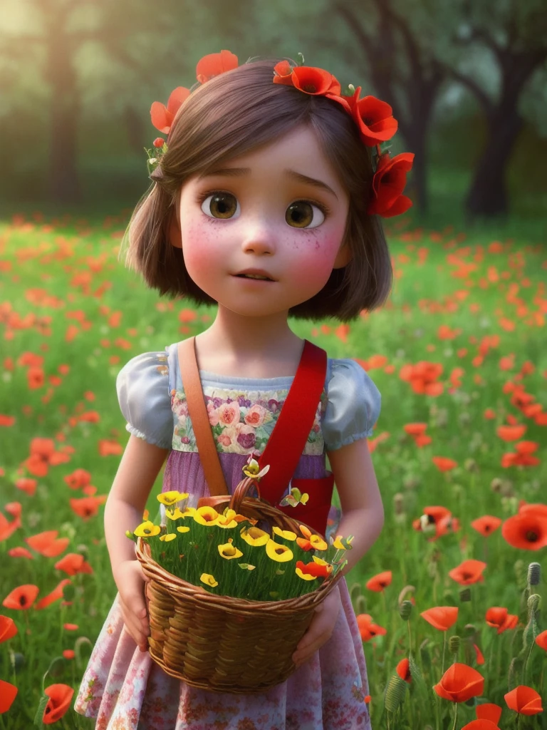 pixarstyle a shoulder-length portrait of a girl with a basket of flowers, overgrown with poppy flower, natural skin texture, 4k textures, hdr, intricate, highly detailed, sharp focus, cinematic look, hyperdetailed
