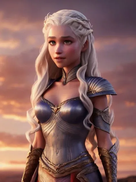 pixarstyle a waist-length portrait of a Daenerys Targaryen, natural skin texture, 4k textures, hdr, intricate, highly detailed, sharp focus, cinematic look, hyperdetailed