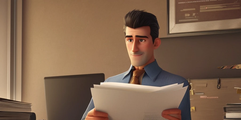 pixarstyle 1man a waist-length portrait of a man in a office shirt, smirk, folder with documents in his hands, office, natural skin texture, 4k textures, hdr, intricate, highly detailed, sharp focus, cinematic look, hyperdetailed, epic cinematic disney feature