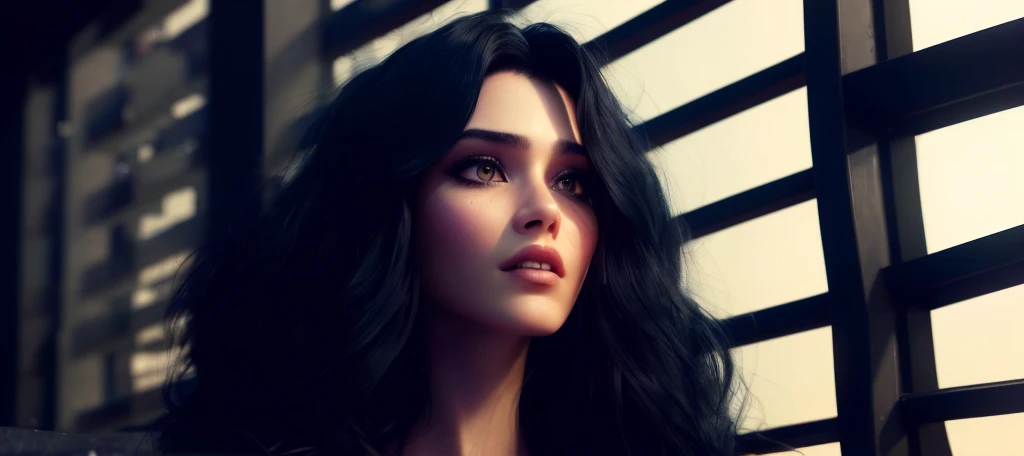 pixarstyle, beautiful beauty fashion model,  long wavy messy black hair, natural skin texture, 4k textures, hdr, intricate, highly detailed, sharp focus, cinematic look, hyperdetailed, epic cinematic , noir cinematography,  futuristic fashion award, balcony, windows, rim lighting  <lora:epiNoiseoffset_v2:1>