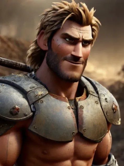 ((pixarstyle)) a waist-length portrait of a spartan male, warrior, dirt, scars, grunge, bare chest, natural skin texture, 4k textures, hdr, intricate, highly detailed, sharp focus, cinematic look, hyperdetailed