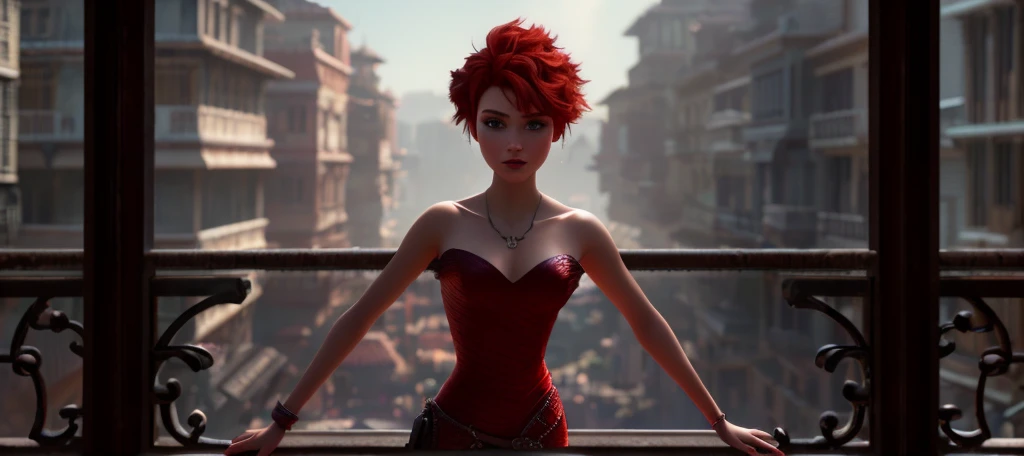 pixarstyle, beautiful beauty fashion model,  short red hair, natural skin texture, 4k textures, hdr, intricate, highly detailed, sharp focus, cinematic look, hyperdetailed, epic cinematic , noir cinematography,  futuristic fashion award, balcony, romantic, windows, rim lighting  <lora:epiNoiseoffset_v2:1>