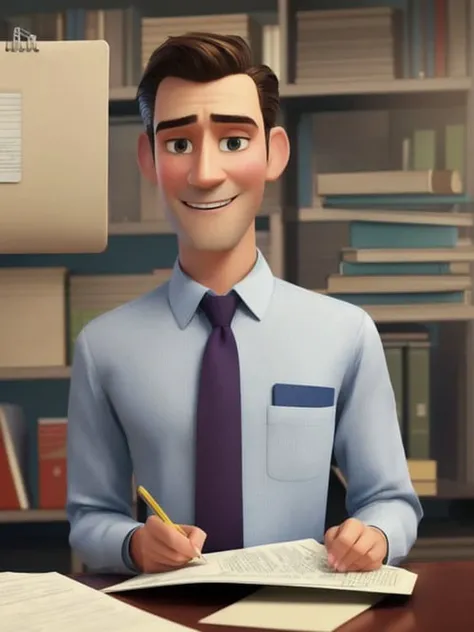 pixarstyle a waist-length portrait of a man in a office shirt, smirk, folder with documents in his hands, office, natural skin texture, 4k textures, hdr, intricate, highly detailed, sharp focus, cinematic look, hyperdetailed