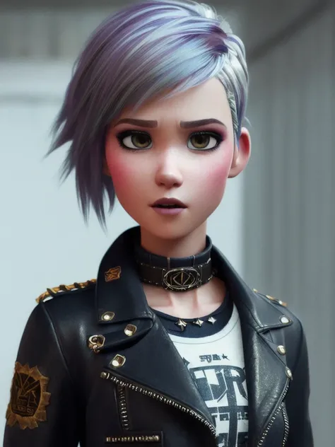 (pixarstyle) a waist-length portrait of a punk girl in a leather jacket, bob hairstyle, choker, natural skin texture, 4k textures, hdr, intricate, highly detailed, sharp focus, cinematic look, hyperdetailed
