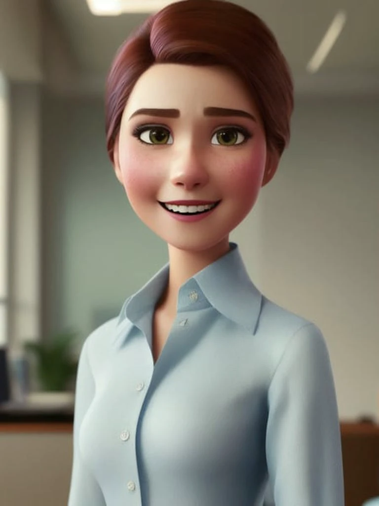 pixarstyle a waist-length portrait of a young woman in a office shirt, smile, office, natural skin texture, 4k textures, hdr, intricate, highly detailed, sharp focus, cinematic look, hyperdetailed