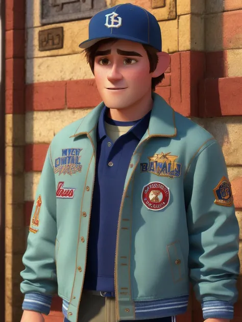 pixarstyle a waist-length portrait of a school bully, jacket, baseball cap, natural skin texture, 4k textures, hdr, intricate, highly detailed, sharp focus, cinematic look, hyperdetailed