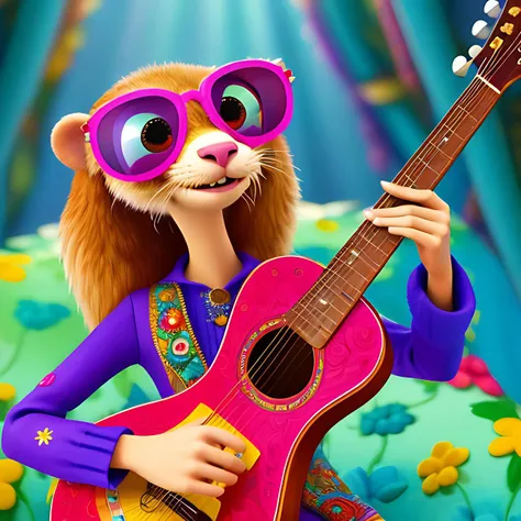 (masterpiece)+, (best quality)+, (Intricate detail)+, trippy hippy pixar-style lady otter plaing a guitar