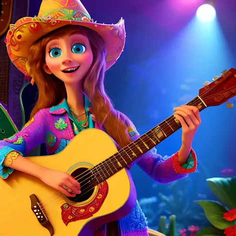 (masterpiece)+, (best quality)+, (Intricate detail)+, trippy hippy pixar-style lady otter plaing a guitar