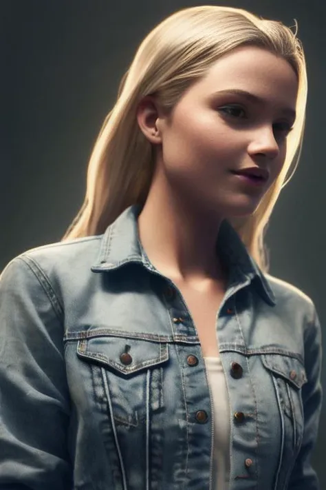 high school senior solo female, wearing a grey shirt and denim jacket. jeans, a short blonde ponytail, grinning sassy, rich, (((full body visible))), looking at viewer, portrait, photography, detailed skin, realistic, photo-realistic, 8k, highly detailed, full-length frame, High detail RAW color art, diffused soft lighting, shallow depth of field, sharp focus, hyperrealism, cinematic lighting,