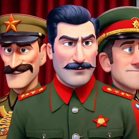 pixarstyle, highres, absurdres, masterpiece, highly detailed face, joseph stalin vladimir lenin and Leon Trotsky in Moscow's red square as in a Disney Pixar ,