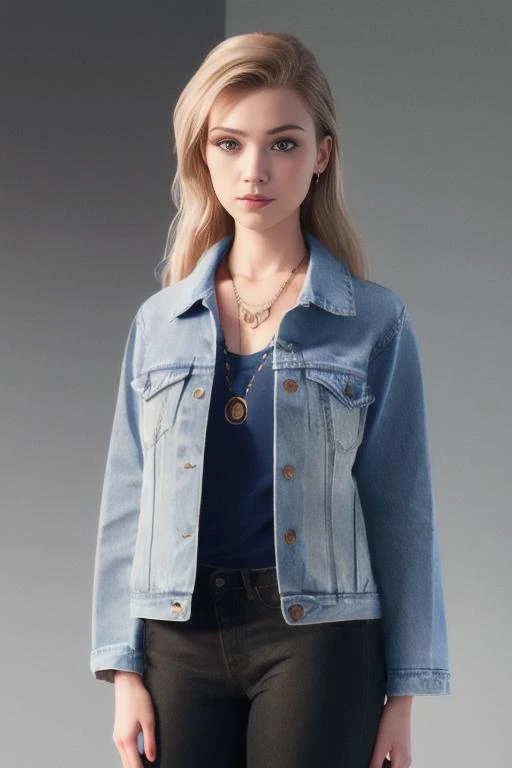 high school senior solo female, wearing a grey shirt and denim jacket. jeans, a short blonde ponytail, grinning sassy, rich, (((full body visible))), looking at viewer, portrait, photography, detailed skin, realistic, photo-realistic, 8k, highly detailed, full-length frame, High detail RAW color art, diffused soft lighting, shallow depth of field, sharp focus, hyperrealism, cinematic lighting,