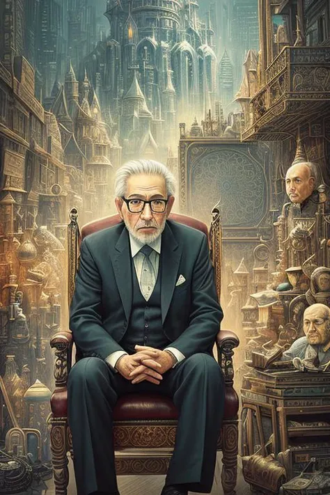 oldman in chair, complex stuff around, intricate in the background, art, close up, painting, detailed, cartoon, cinematic shot, fantasy, low saturation, vignette, [hdr]