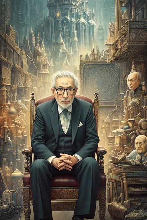 oldman in chair, complex stuff around, intricate in the background, art, close up, painting, detailed, cartoon, cinematic shot, fantasy, low saturation, vignette, [hdr]