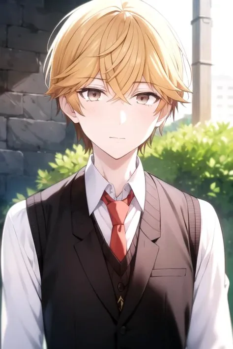 masterpiece, best quality, sketch, 1boy, solo, male focus, looking at viewer, upper body, depth of field, <lora:asaya_hasekura:0.68>, asaya_hasekura, blonde hair, brown eyes, suit vest, , ,