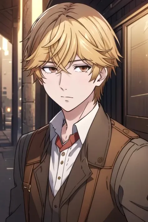 masterpiece, best quality, wallpaper, 1boy, solo, male focus, looking at viewer, , depth of field, <lora:asaya_hasekura:0.68>, asaya_hasekura, blonde hair, brown eyes, , , dieselpunk,