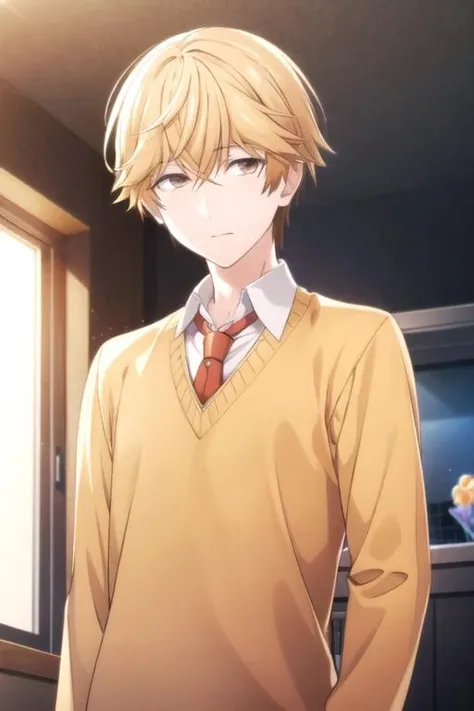 masterpiece, best quality, game cg, 1boy, solo, male focus, looking at viewer, upper body, depth of field, <lora:asaya_hasekura:0.72>, asaya_hasekura, blonde hair, brown eyes, candy costume, ,