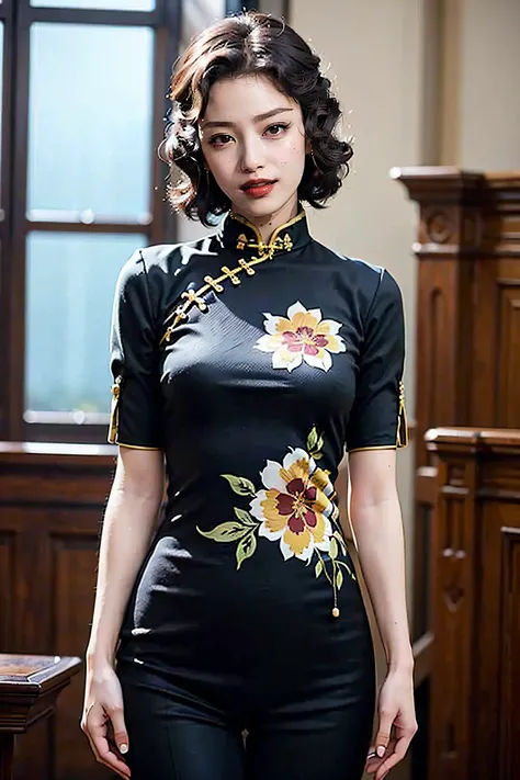 <lora:yumo:0.8> (sexy cheongsam), yumo, slut, whore, church, closeup, best quality, masterpiece, depth of field,highest quality,extremely detailed,high res,4k,ultra high res, (photorealistic:1.4), (cowboyshot:1.2), beautiful lighting,1girl,solo,realistic skin, closed mouth, ((small beast, narrow waist)), short hair, wavy hair, black hair
