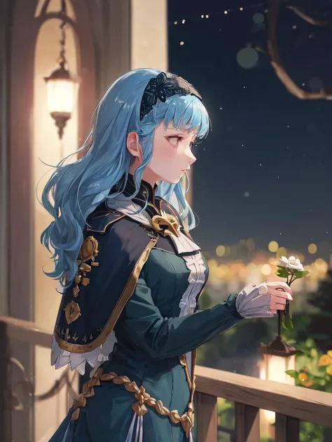 masterpiece, best quality, marianne_hopes, long hair, blue dress, capelet, hairband, hands to heart, looking at plant, side view, tree, wistful look, hanging garden, night, darkness, night sky <lora:m-nvwls-v205-000005:0.9>