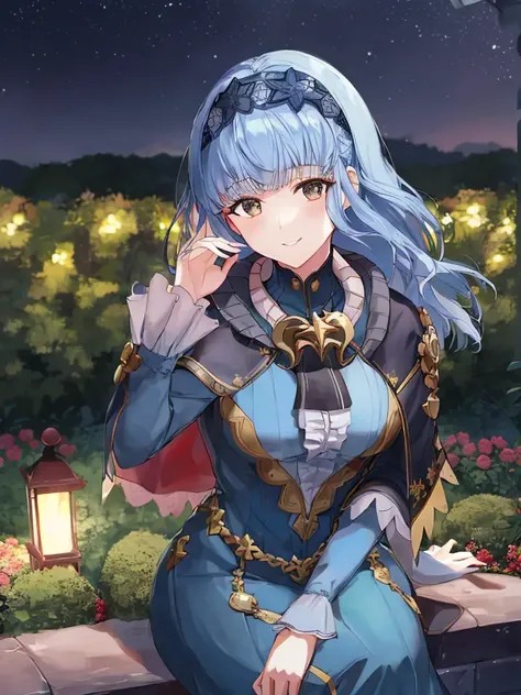 masterpiece, best quality, cool colors, marianne_hopes, long hair, blue dress, capelet, hairband, hand to heart, smiling, facing viewer, sitting, garden at night <lora:m-nvwls-v205-000005:0.9>