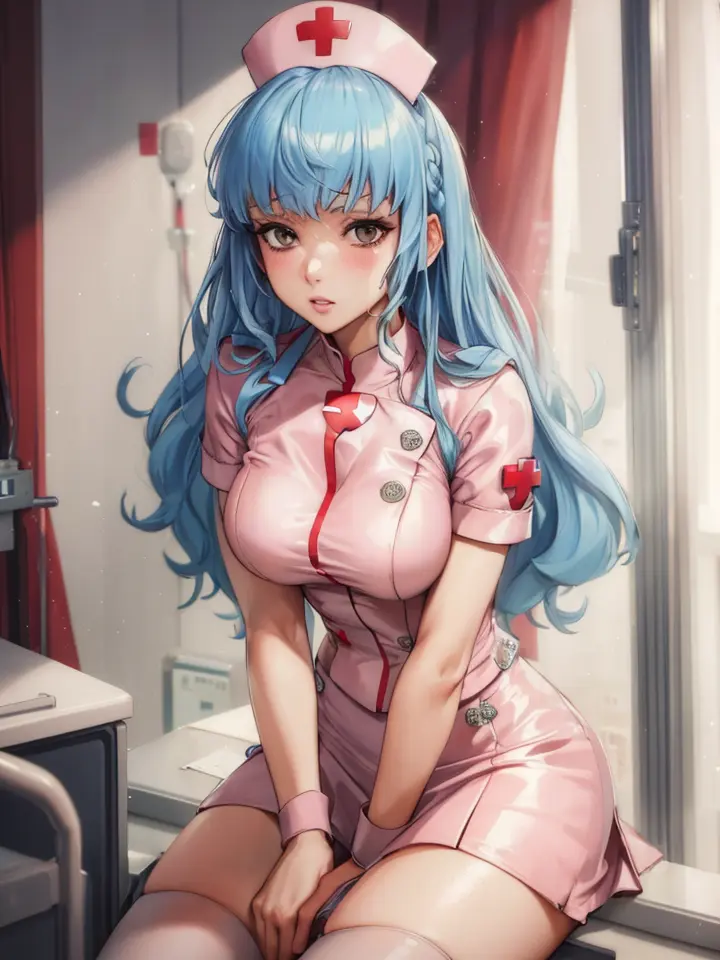 masterpiece, best quality, marianne_hopes, long hair, nurse hat, pink nurse outfit, white skirt, hospital room <lora:m-nvwls-v205-000005:0.65>