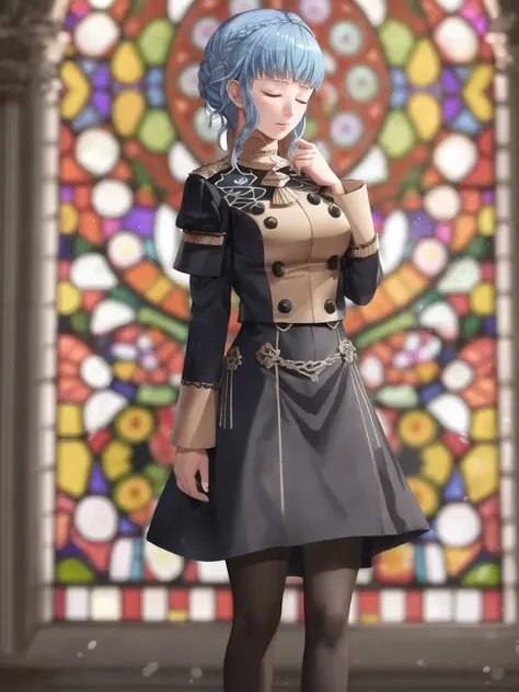 masterpiece, best quality, marianne_academy, uniform, garreg mach monastery uniform, black skirt, blue pantyhose, cathedral, dark, stained glass, standing, closed eyes <lora:m-nvwls-v205-000005:0.9>