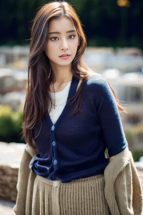 1girl,(wearing a cardigan and long skirt:1.2),(RAW photo, best quality), (realistic, photo-realistic:1.4), masterpiece, an extremely delicate and beautiful, extremely detailed, 2k wallpaper, Amazing, finely detail, extremely detailed CG unity 8k wallpaper, ultra-detailed, highres, soft light, beautiful detailed girl, extremely detailed eyes and face, beautiful detailed nose, beautiful detailed eyes,cinematic lighting,autumn scenery,perfect anatomy,slender body, <lora:more_details:0.4> <lora:arakiyuko_lora:1>